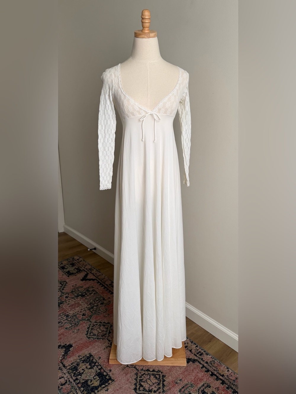 Vintage John Kloss for Cira White Lace Empire Waist Maxi Dress Boho Prairie XS/S
